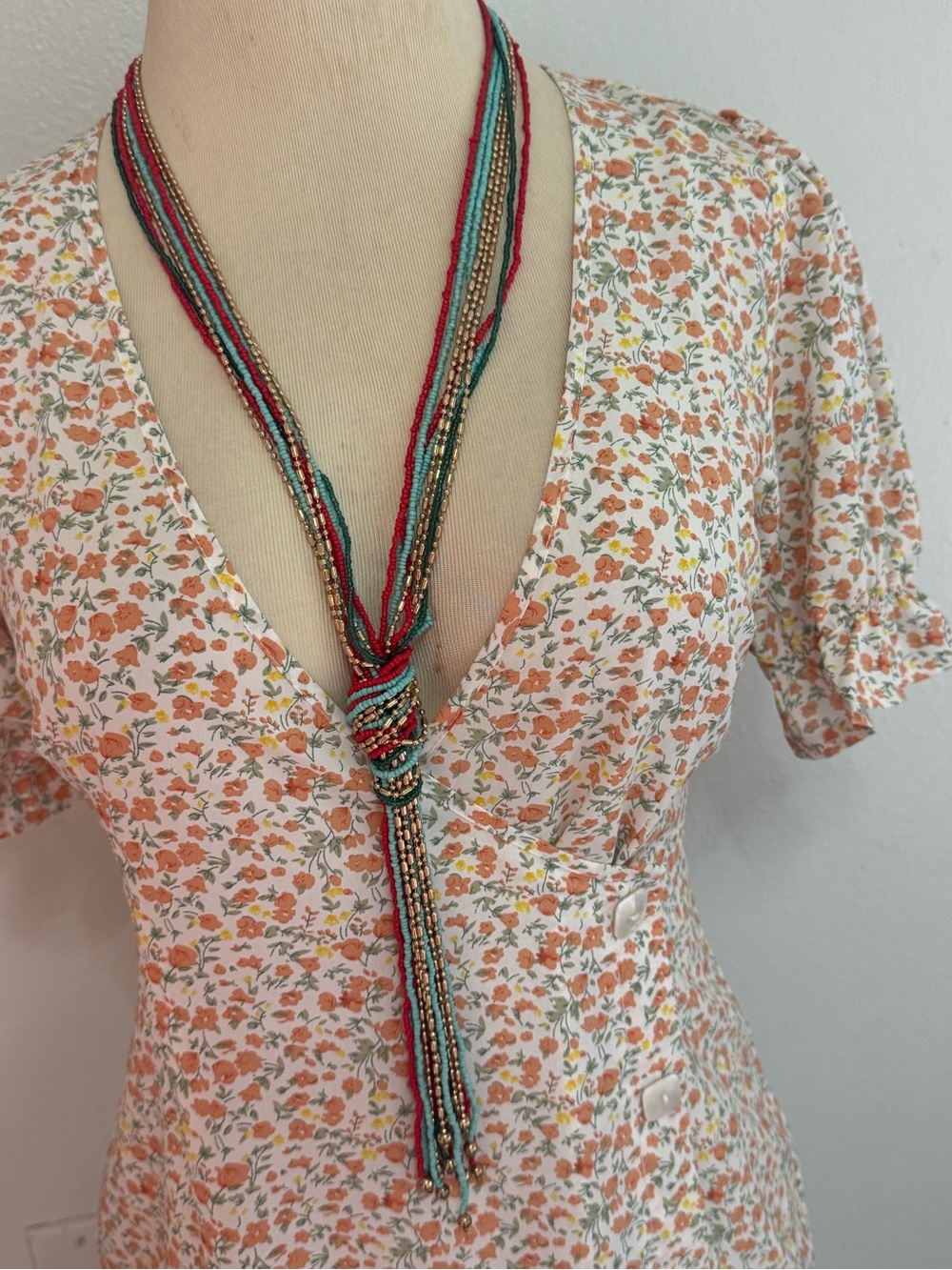 Floral V-Neck Short Sleeve Blouse - Cream with Orange Print